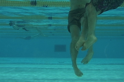 A video still from Chistophe Jivraj's video insallation, "The Swimmers."